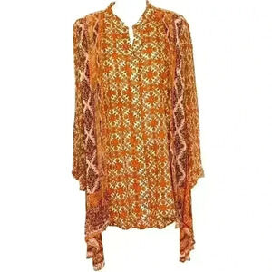 Soft Surroundings Paysan Medallion Boho Tunic Top sz L Roll-Tab Sleeve Orange